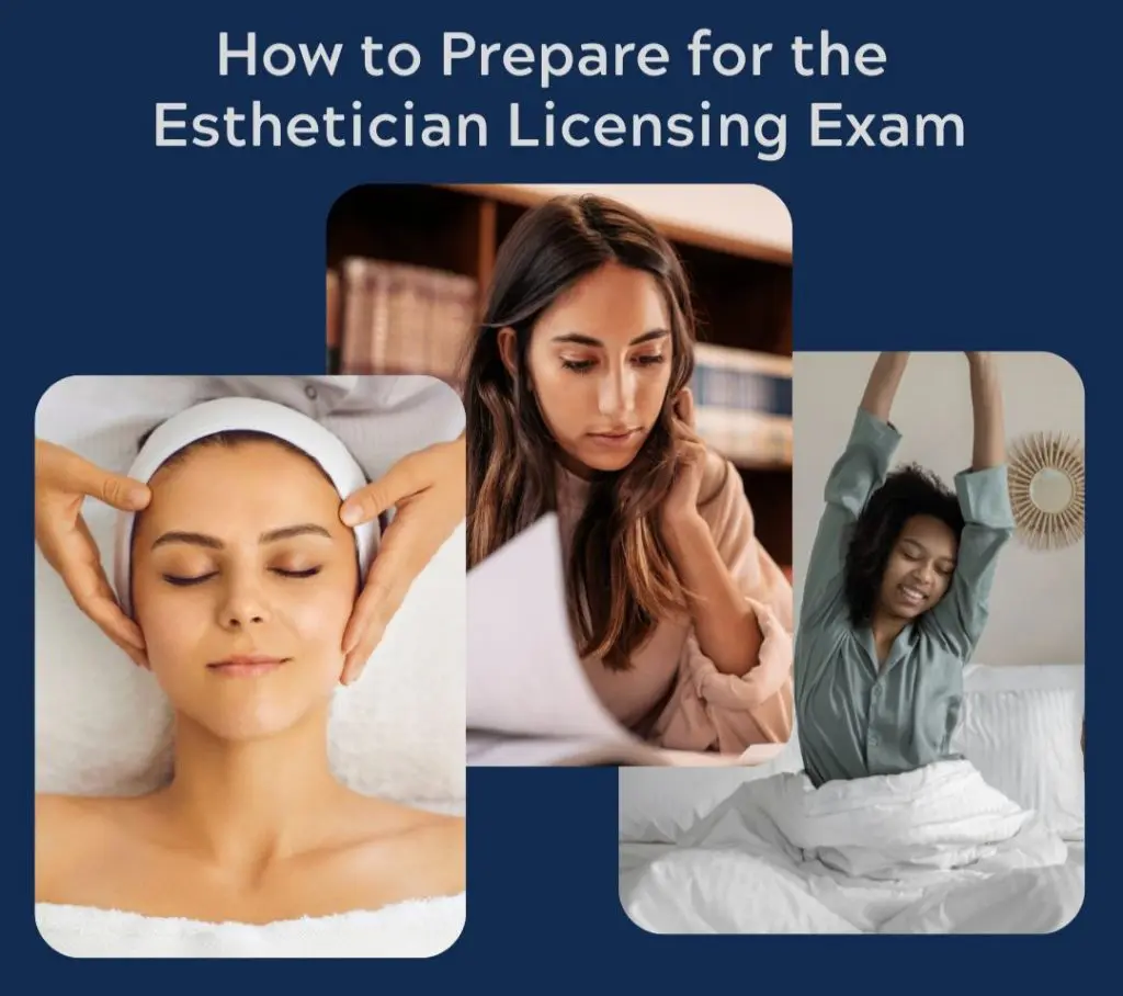 A header says "How to Prepare for the Esthetician Licensing Exam" followed by three images demonstrating the tips within the post.