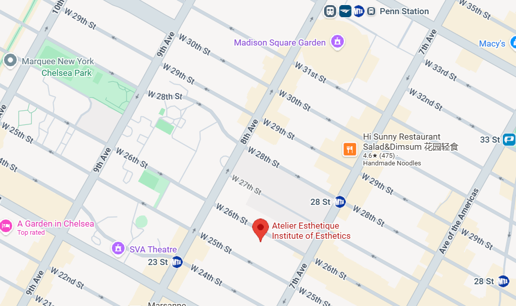 A map of NYC showing Atelier Esthetique's location relative to transit to NJ and CT