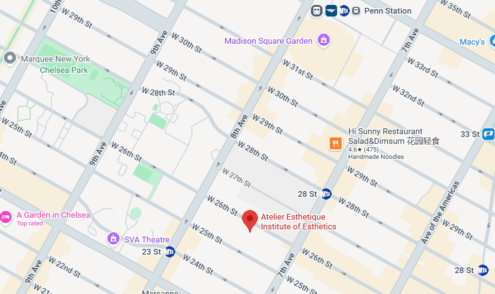 A map of NYC showing Atelier Esthetique's location relative to transit to NJ and CT